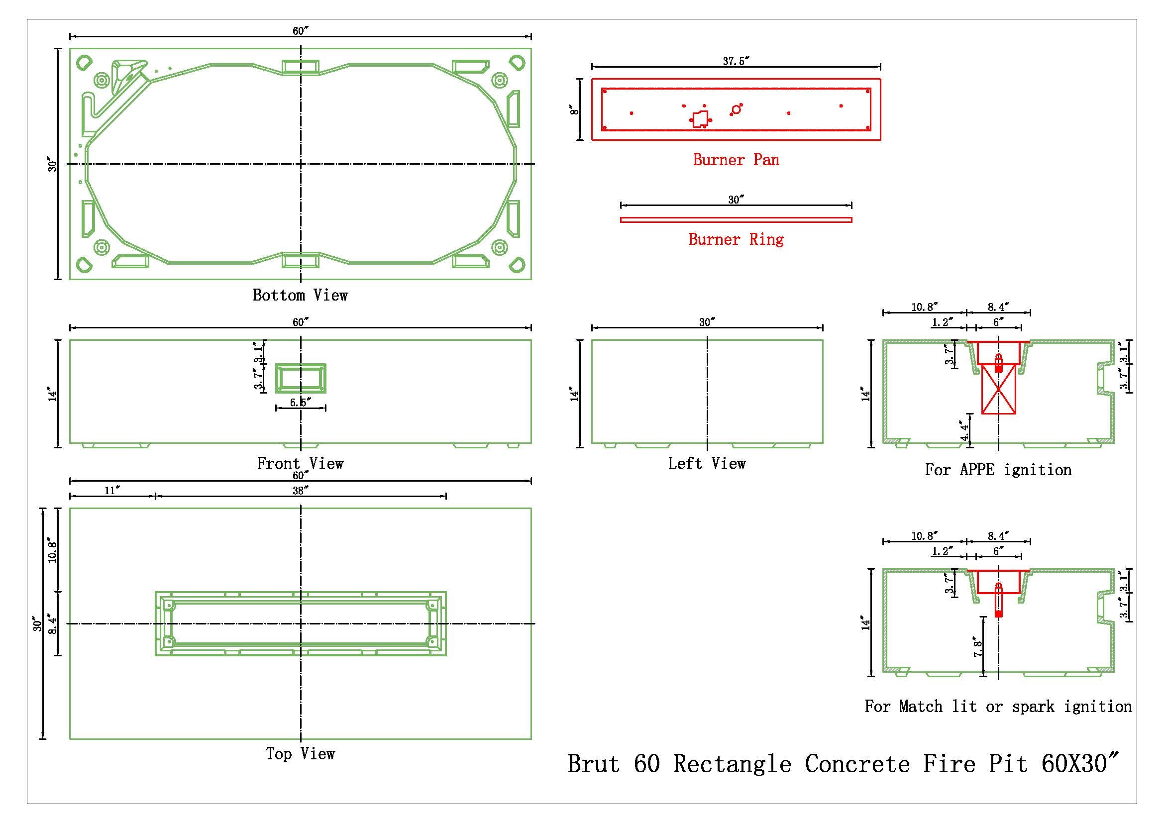 Brut 60 Rectangle Concrete Fire Pit Table - 60" x 30"