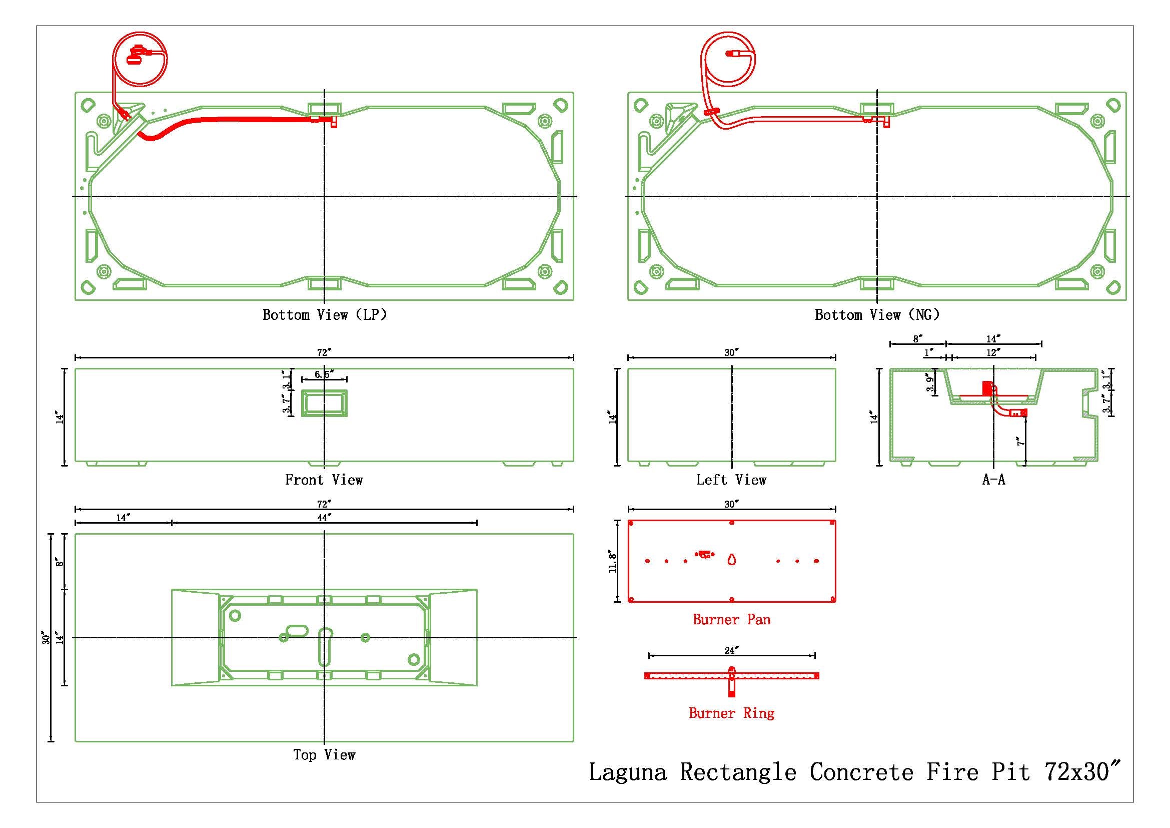 Laguna Concrete Fire Table - Rectangle 72" x 30"
