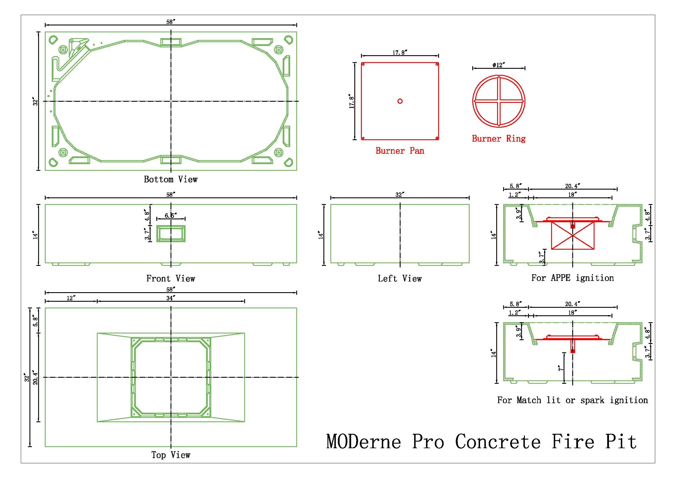MODerne Pro Concrete Fire Pit Table - 58" x 32"