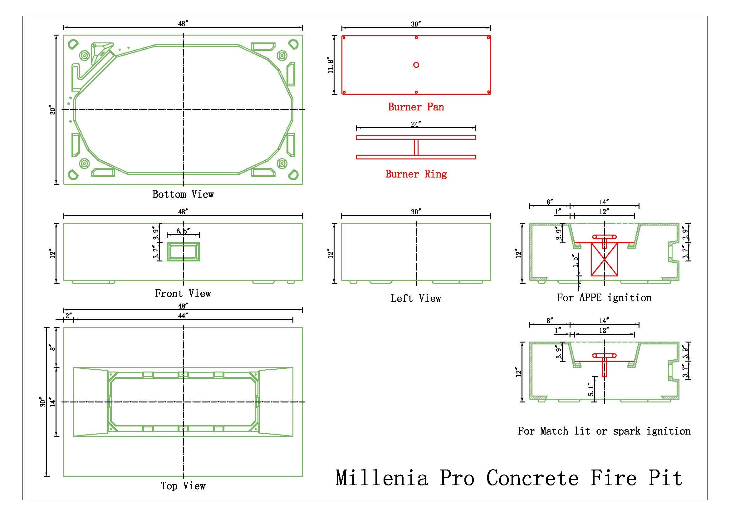 Millenia Pro Rectangle Concrete Fire Pit Table - 48" x 30"