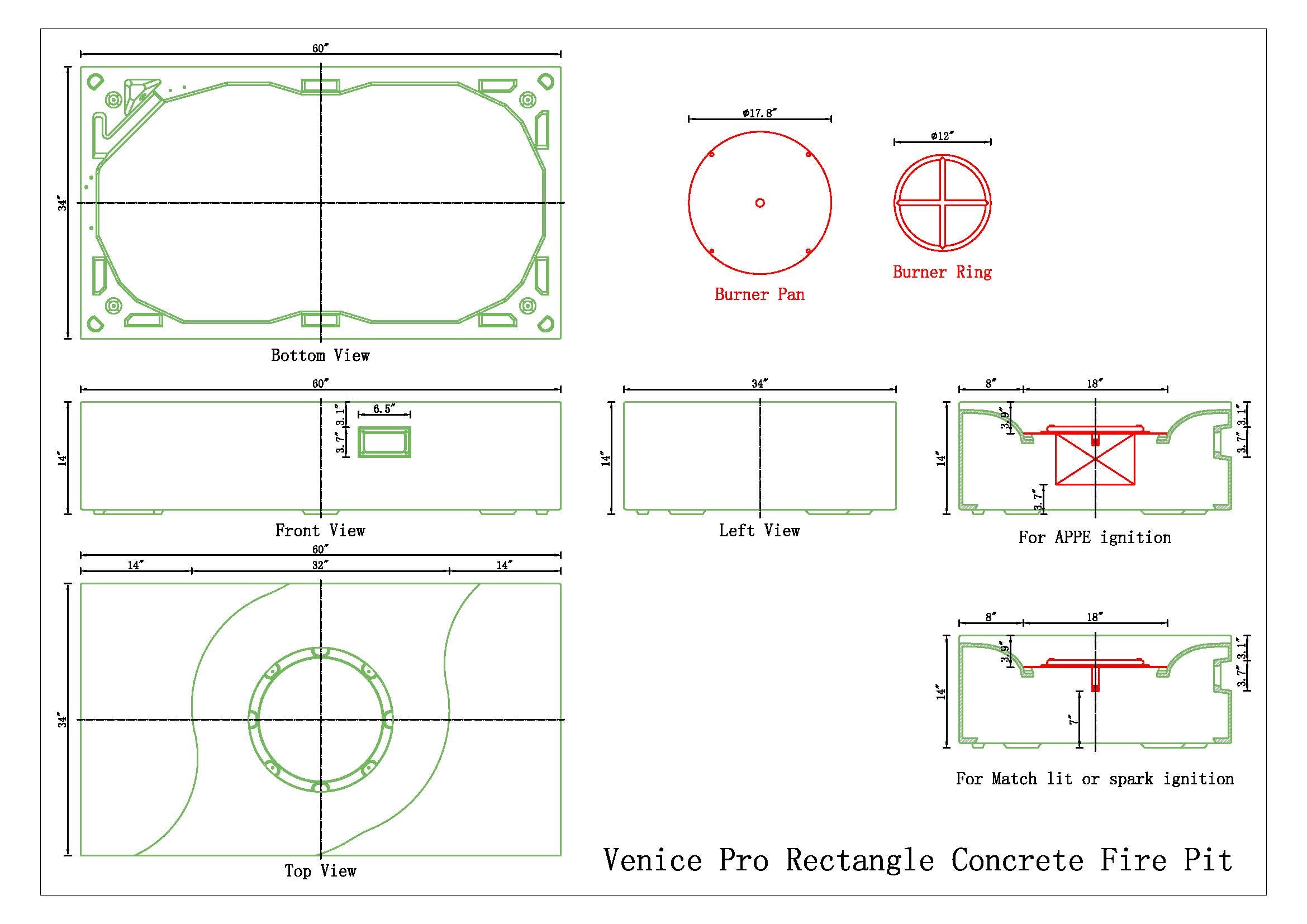 Venice Pro Rectangle Concrete Fire Pit Table - 60" x 34"