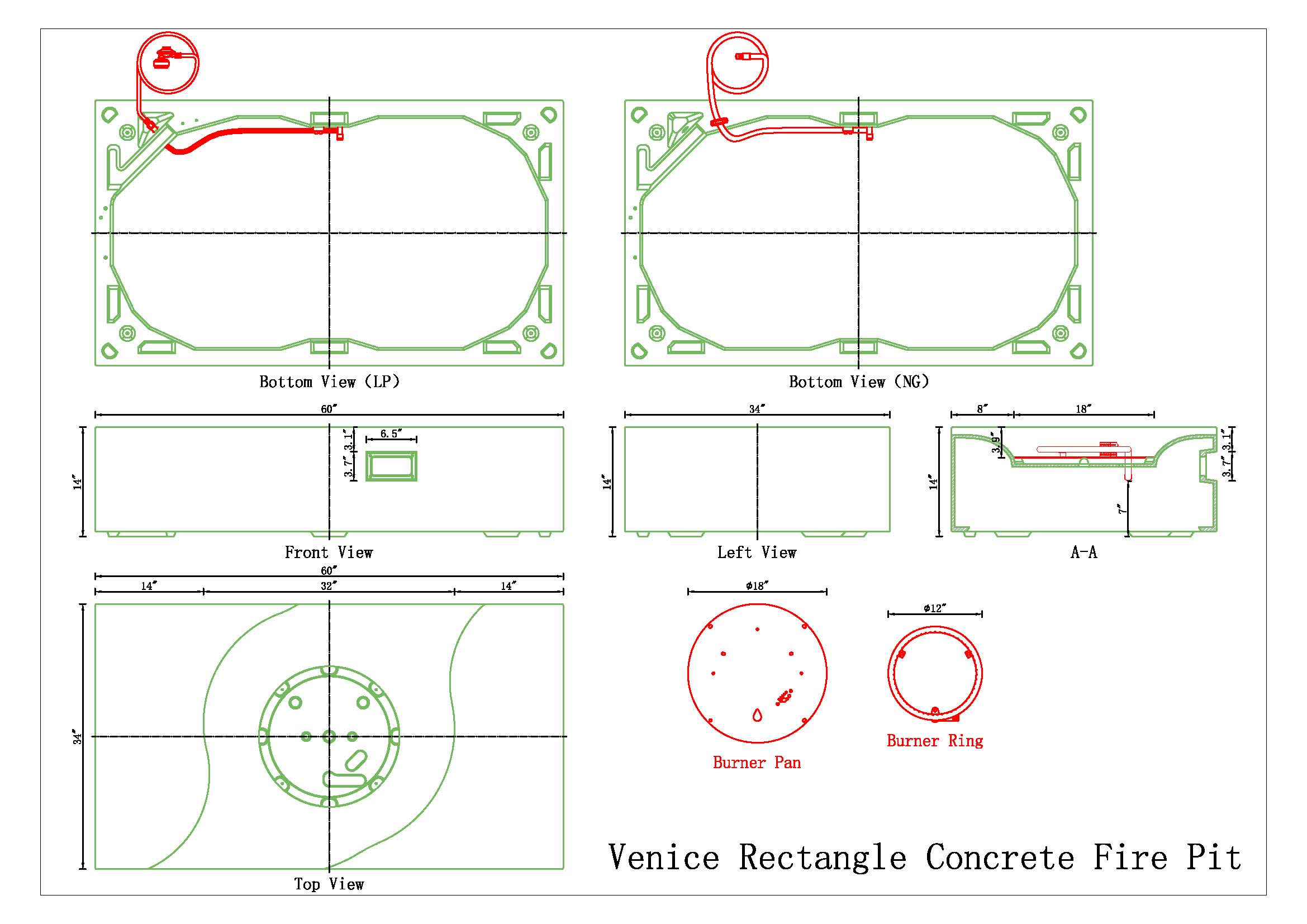 Venice Rectangle Concrete Fire Pit Table - 60" x 34"