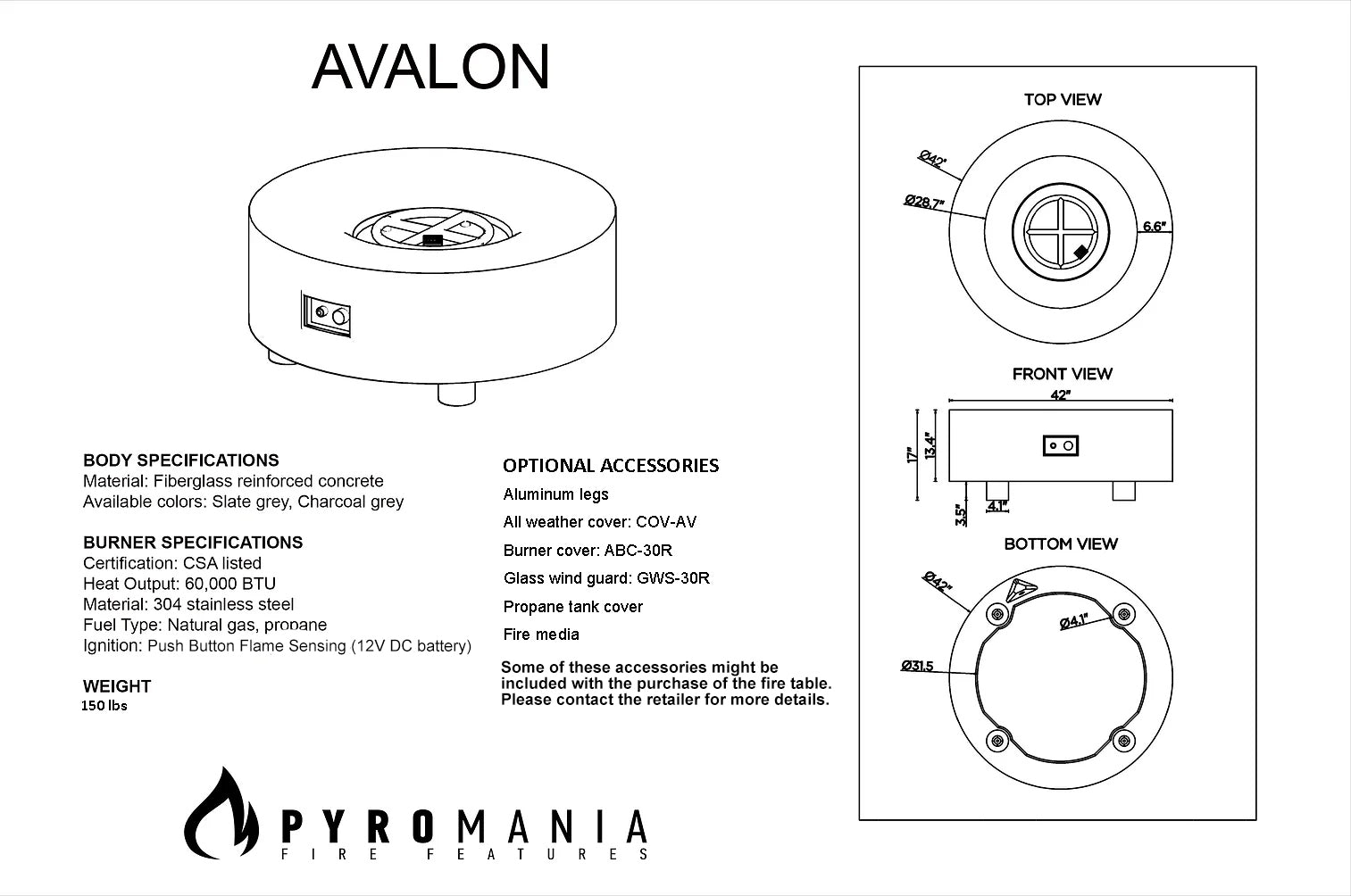 Avalon Concrete Fire Table - 42" Round