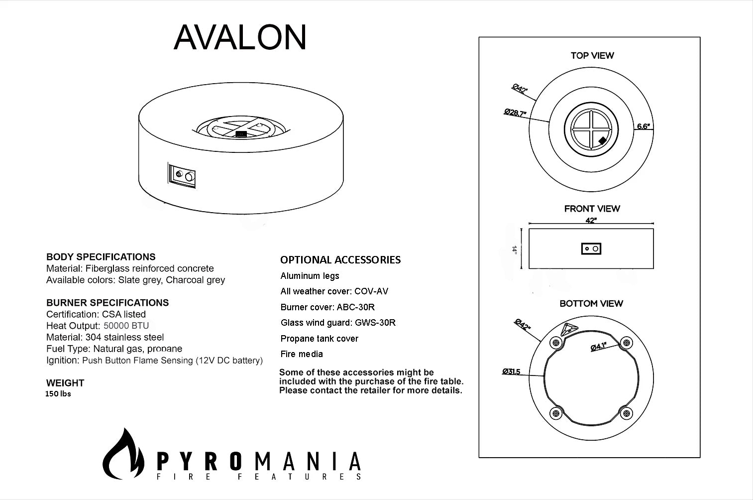 Avalon Concrete Fire Table - 42" Round