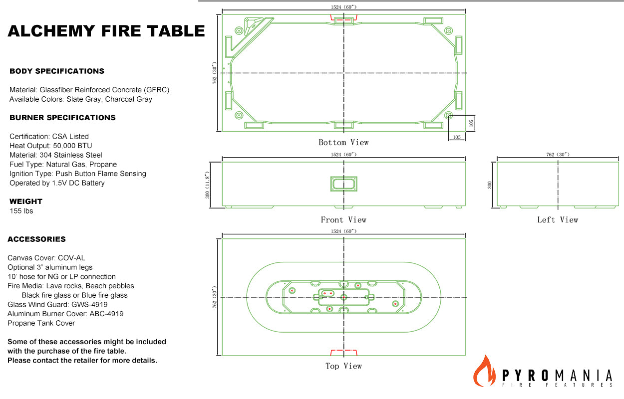 Alchemy Concrete Fire Table - Rectangle 60" x 30"