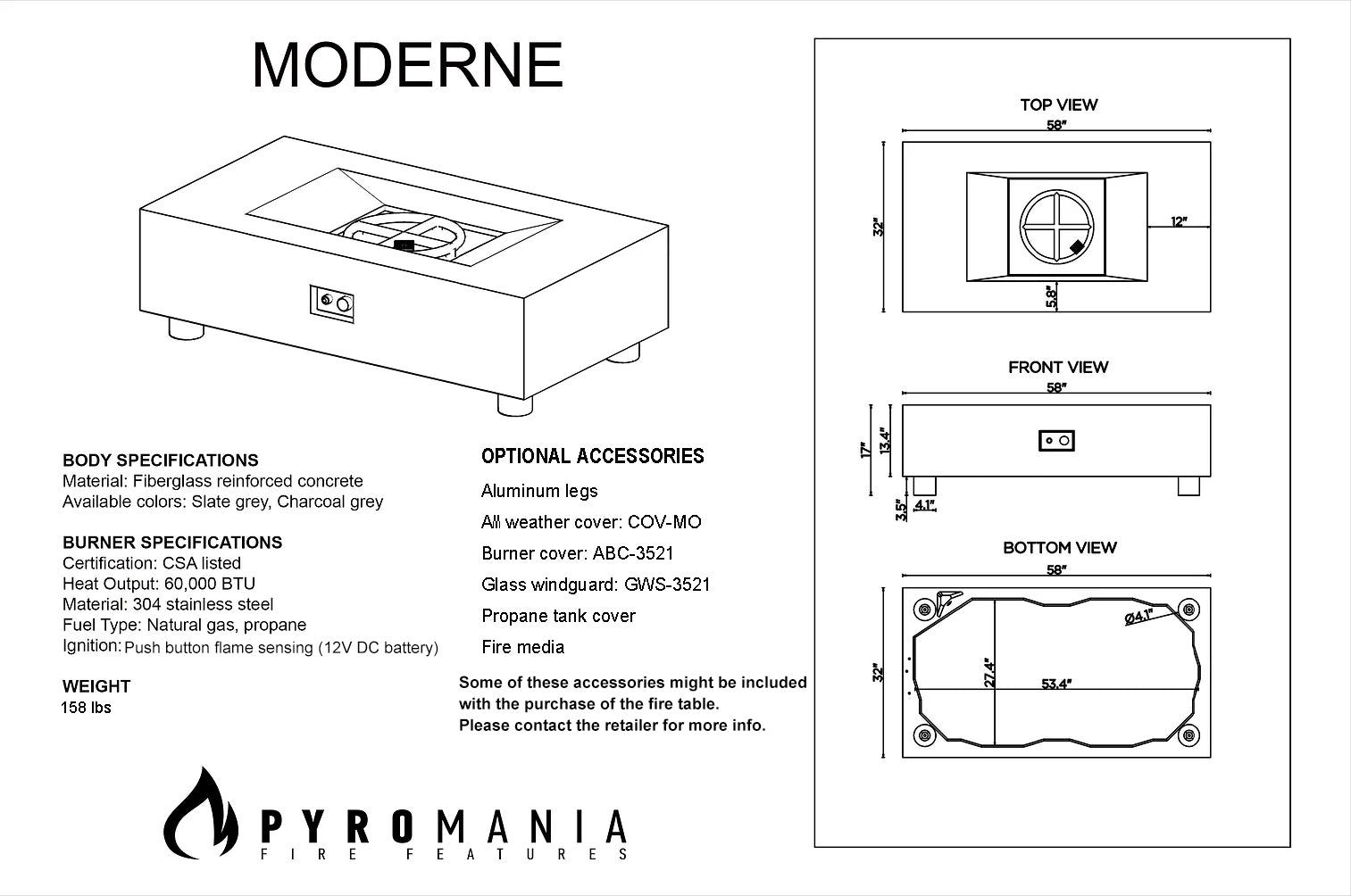 MODerne Concrete Fire Table - Rectangle 58" x 32"