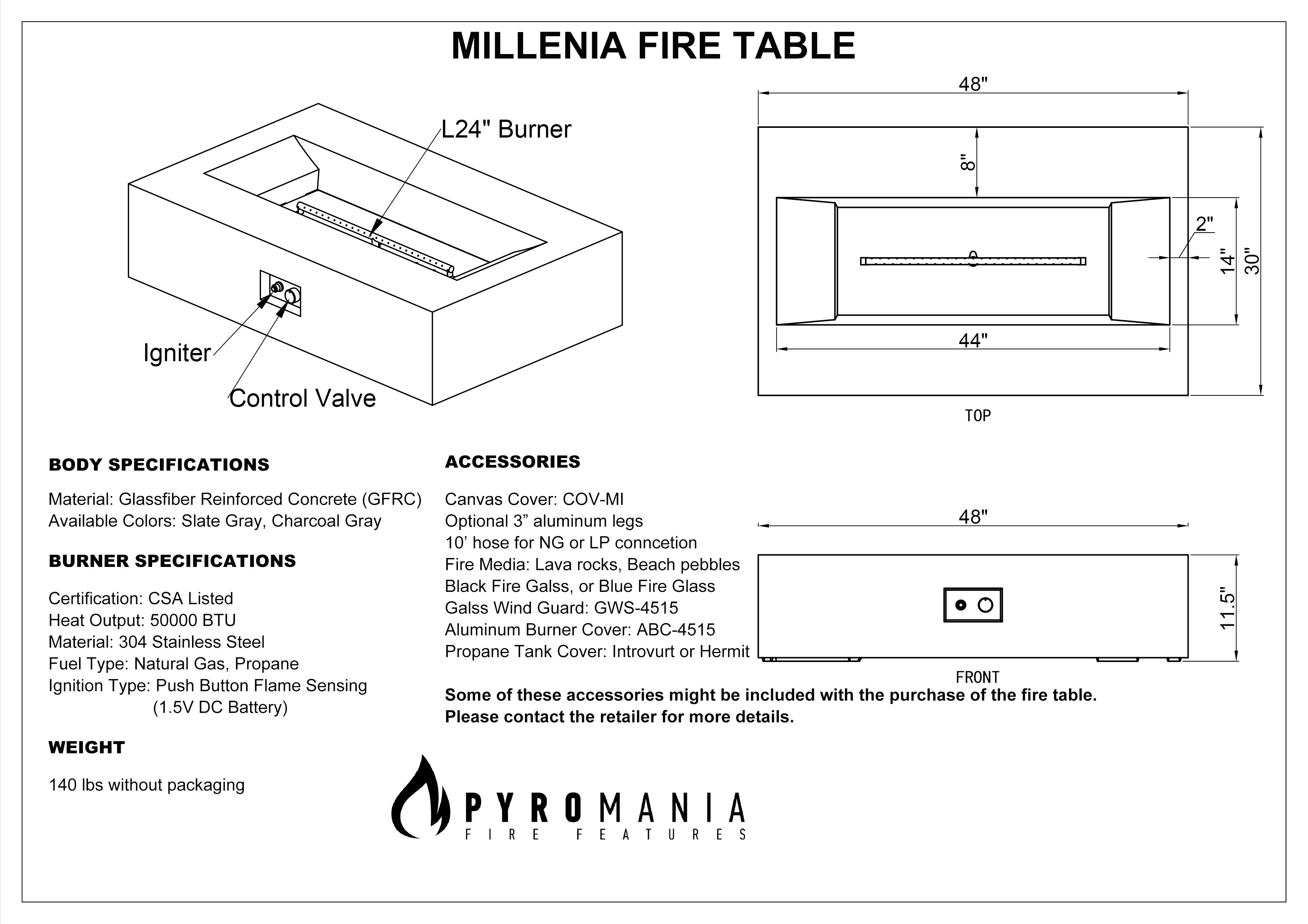 Millenia Concrete Fire Table - Rectangle 48" x 30"