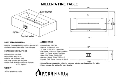 Millenia Concrete Fire Table - Rectangle 48" x 30"