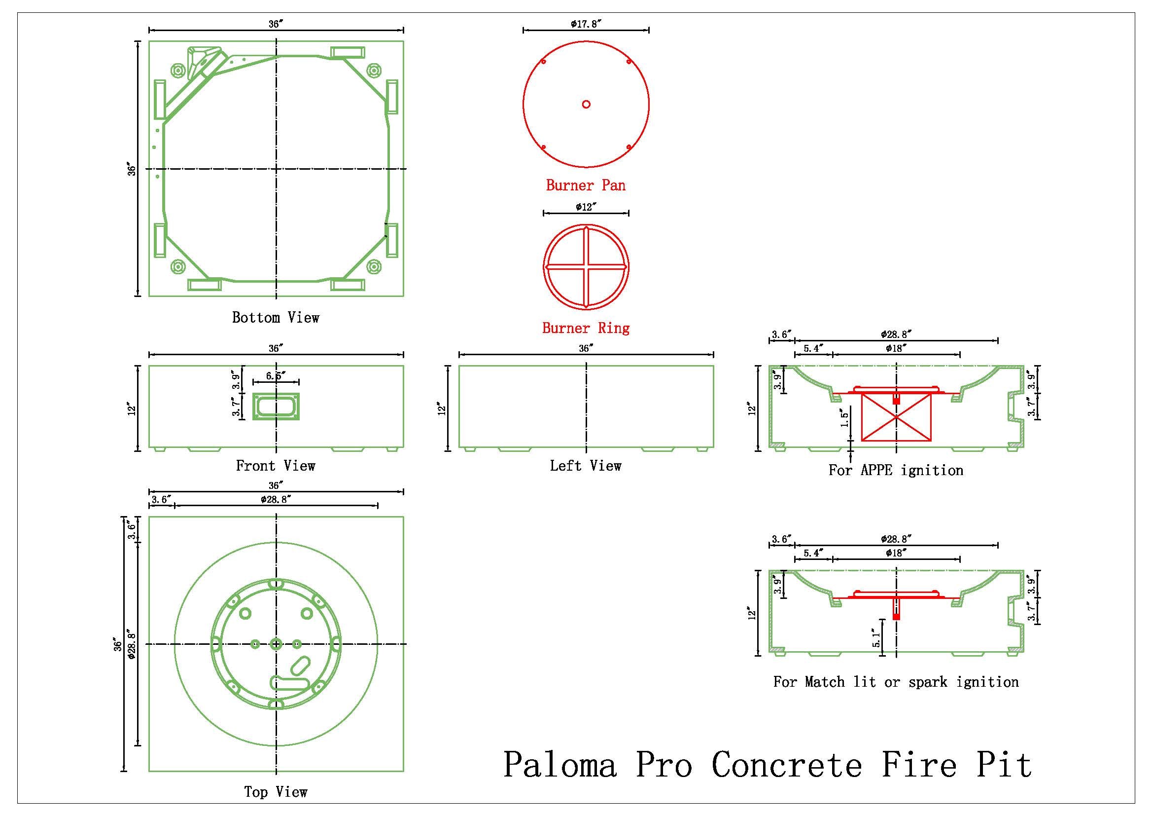Paloma Pro Concrete Fire Pit Table - 36" x 36"