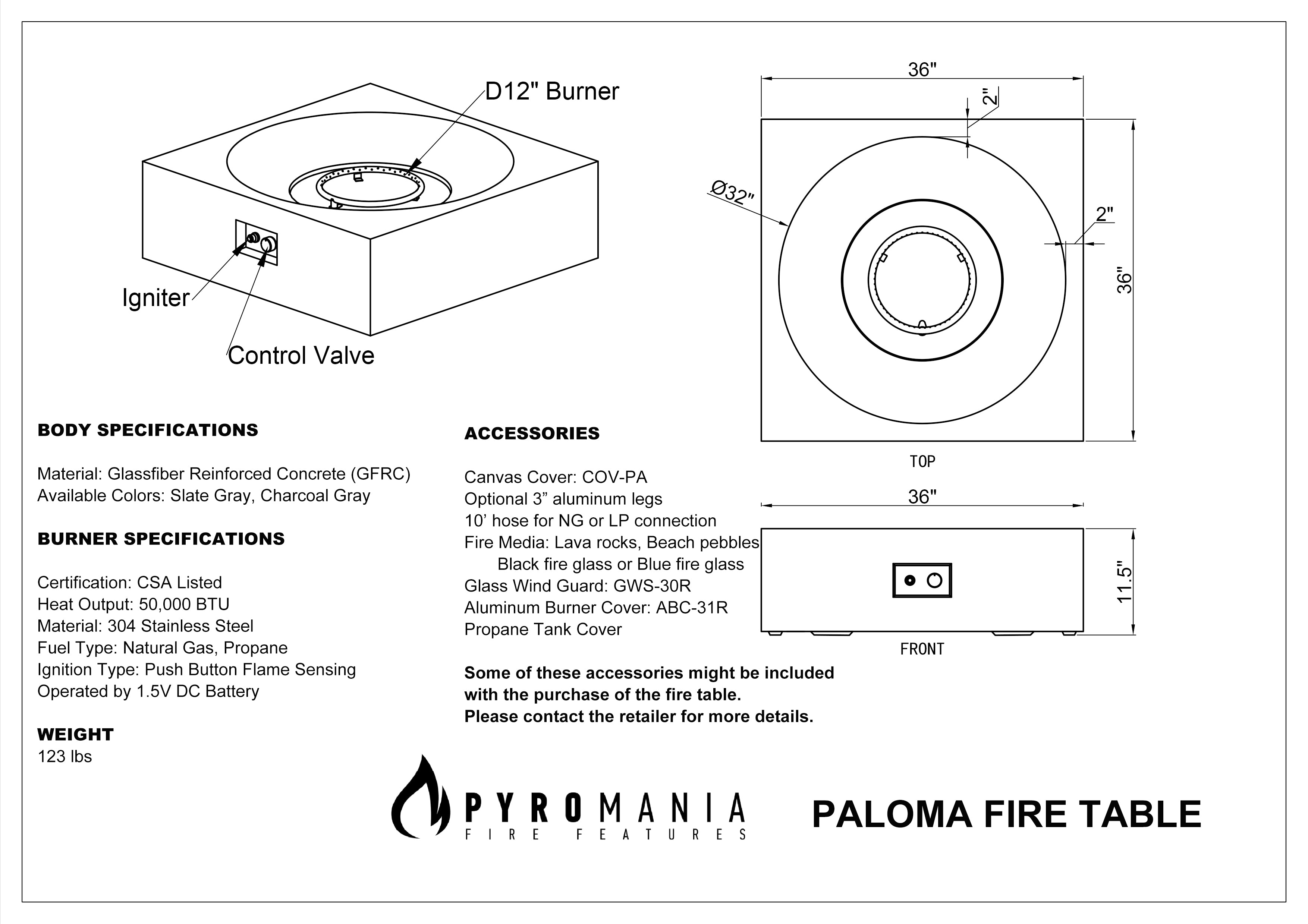 Paloma Concrete Fire Table - Square 36" x 36"