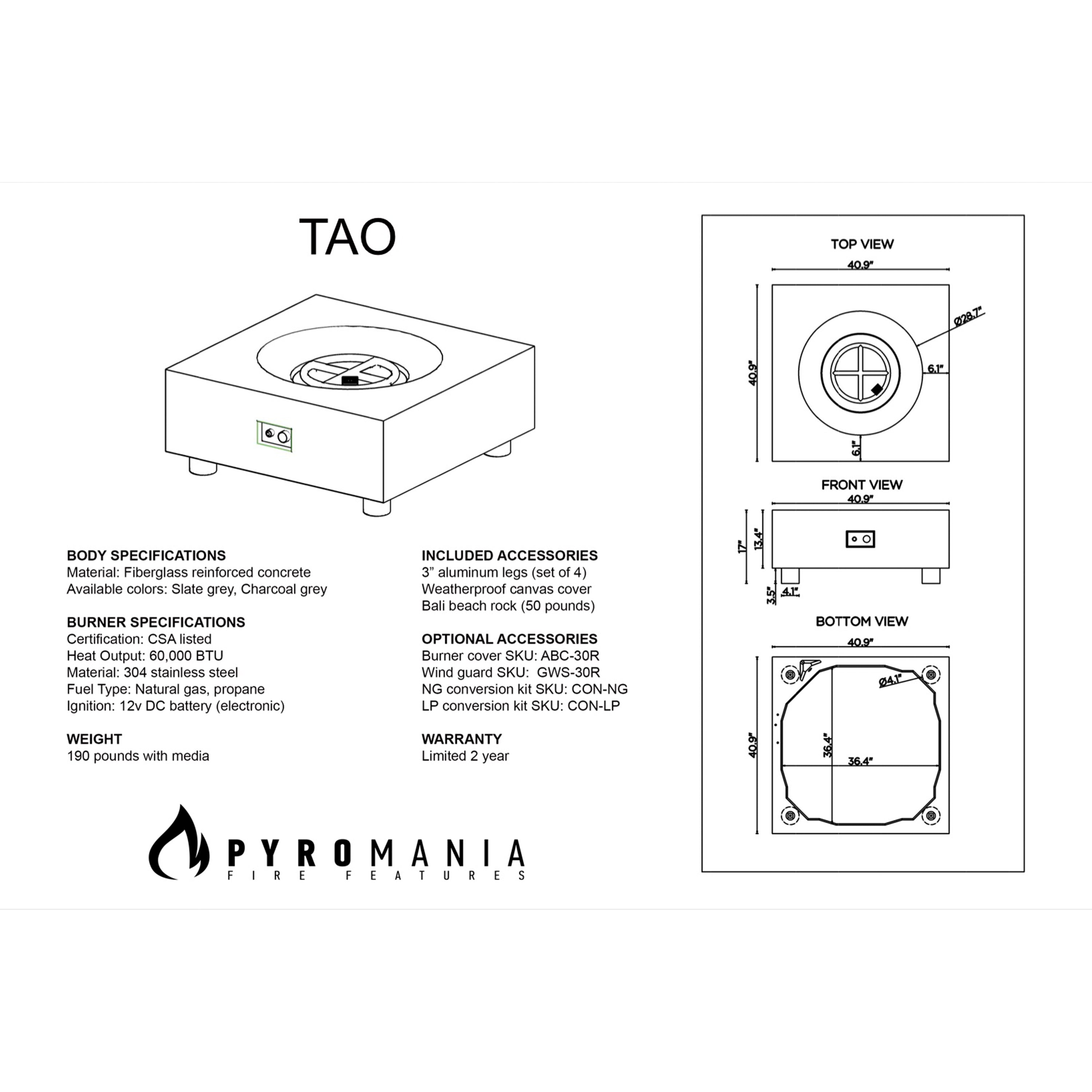 Tao Concrete Fire Table - Sqaure 41" x 41"