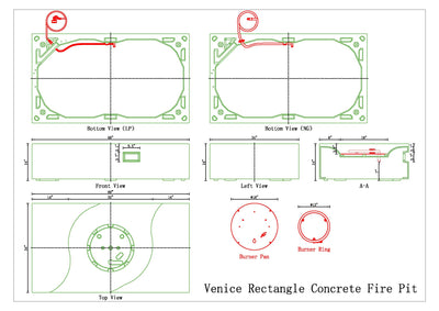 Venice Rectangle Concrete Fire Pit Table - 60" x 34"